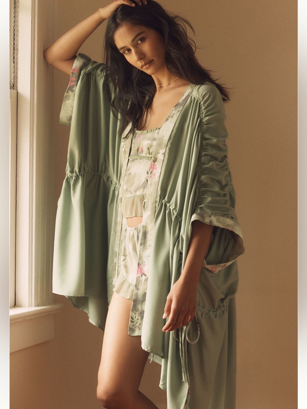 NWT Anthropologie Silky Ruched Sage Green Floral-Trim Robe